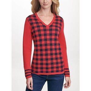 Tommy Hilfiger Red Checkered V-Neck Long Sleeve Pullover Sweater
